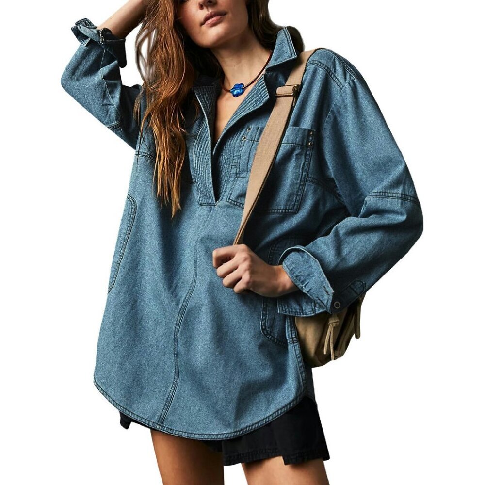 Denim Pullover Blouse Loose Fit Long Sleeve V Neck Button Pocket